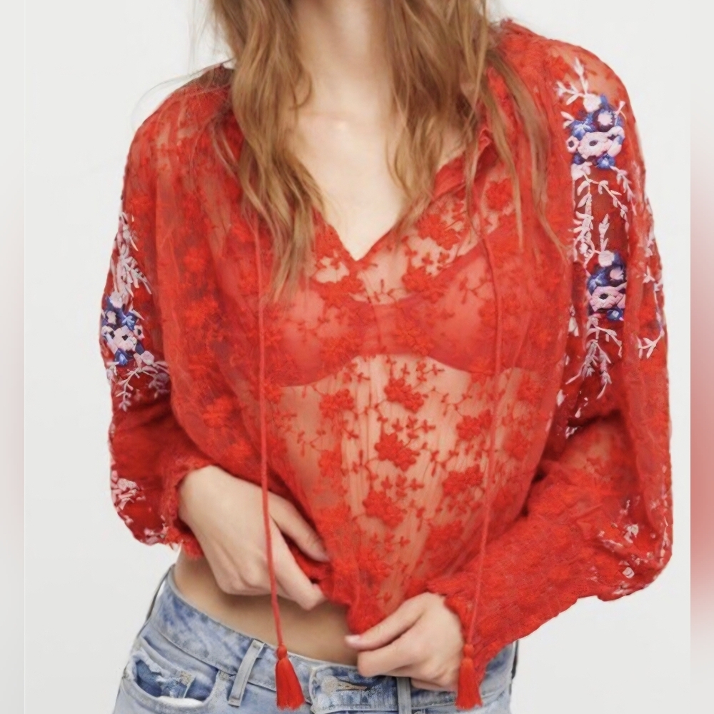 Free People Jubilee Embroidered Mesh Top